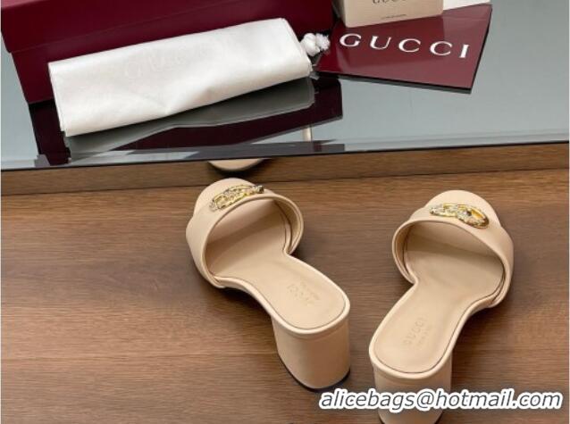 Big Discount Gucci Leather Heel Slides Sandal 5cm with Strass Double G Beige 2025 GG042301