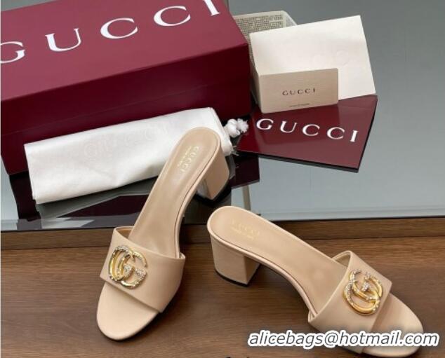Big Discount Gucci Leather Heel Slides Sandal 5cm with Strass Double G Beige 2025 GG042301