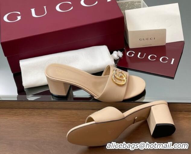 Big Discount Gucci Leather Heel Slides Sandal 5cm with Strass Double G Beige 2025 GG042301