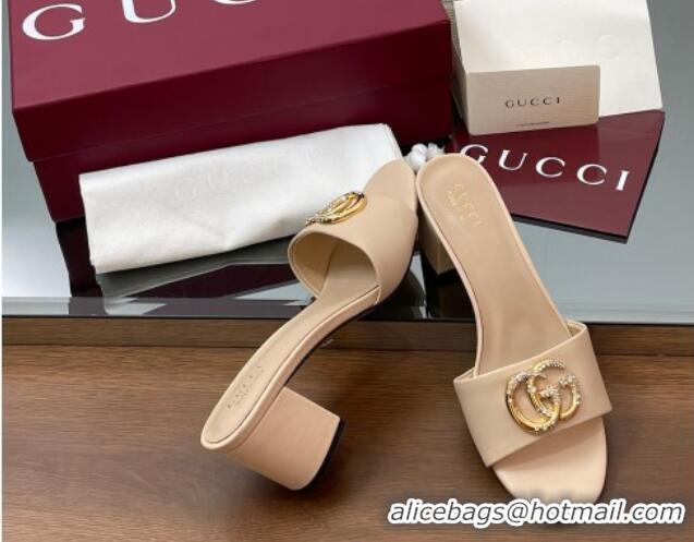 Big Discount Gucci Leather Heel Slides Sandal 5cm with Strass Double G Beige 2025 GG042301