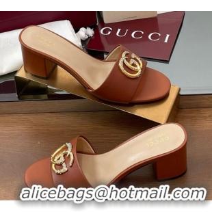 Charming Gucci Leather Heel Slides Sandal 5cm with Strass Double G Brown 2025 GG042301