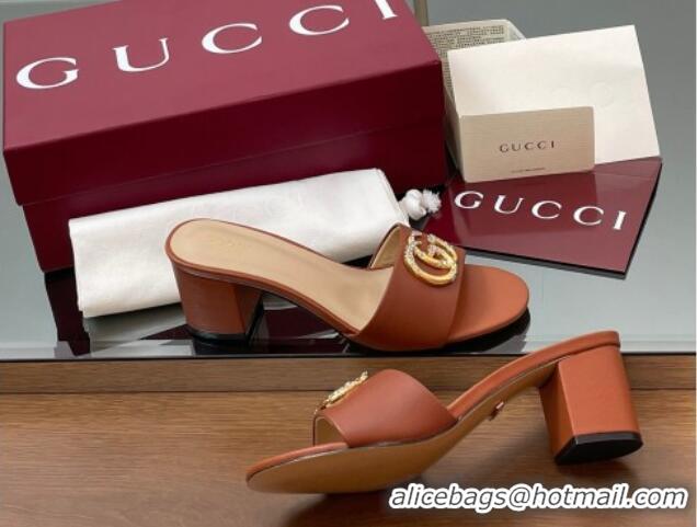 Charming Gucci Leather Heel Slides Sandal 5cm with Strass Double G Brown 2025 GG042301