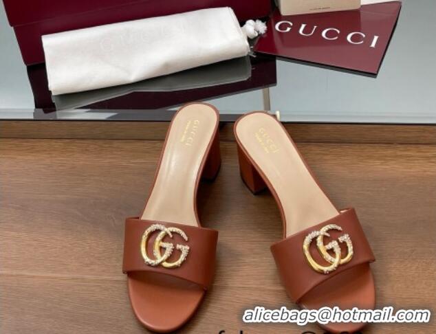 Charming Gucci Leather Heel Slides Sandal 5cm with Strass Double G Brown 2025 GG042301