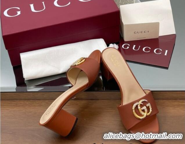 Charming Gucci Leather Heel Slides Sandal 5cm with Strass Double G Brown 2025 GG042301