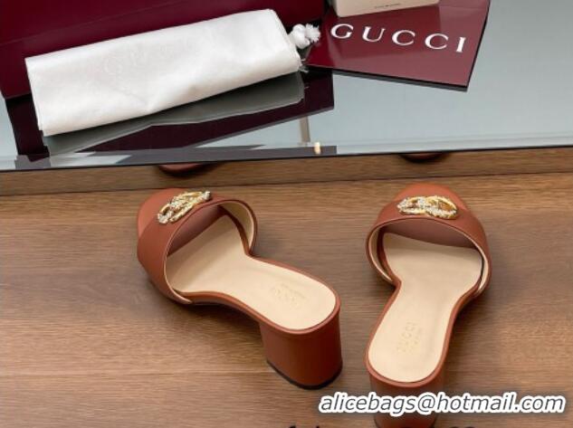 Charming Gucci Leather Heel Slides Sandal 5cm with Strass Double G Brown 2025 GG042301