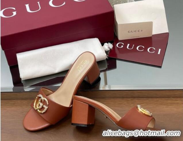 Charming Gucci Leather Heel Slides Sandal 5cm with Strass Double G Brown 2025 GG042301