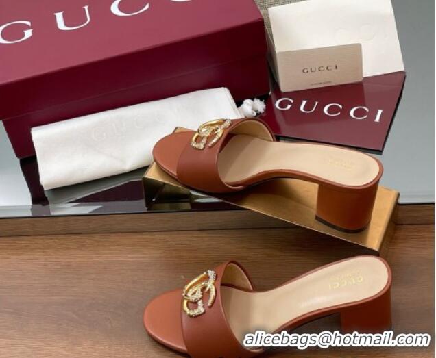 Charming Gucci Leather Heel Slides Sandal 5cm with Strass Double G Brown 2025 GG042301