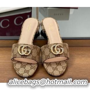 Good Quality Gucci GG Canvas Flat Slides Sandal with Strass Double G Beige 2025 GG042301