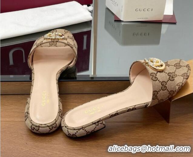 Good Quality Gucci GG Canvas Flat Slides Sandal with Strass Double G Beige 2025 GG042301