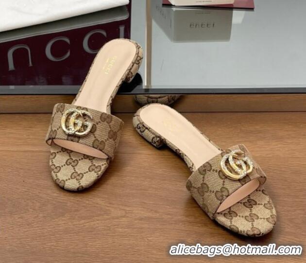 Good Quality Gucci GG Canvas Flat Slides Sandal with Strass Double G Beige 2025 GG042301