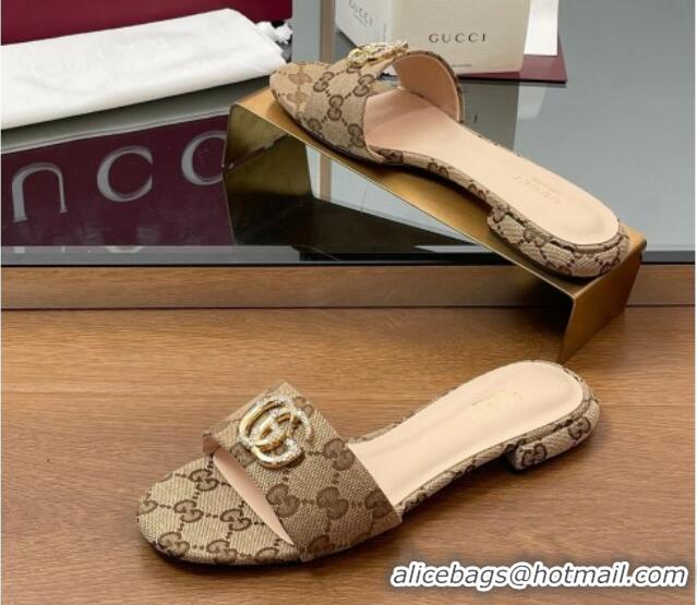 Good Quality Gucci GG Canvas Flat Slides Sandal with Strass Double G Beige 2025 GG042301