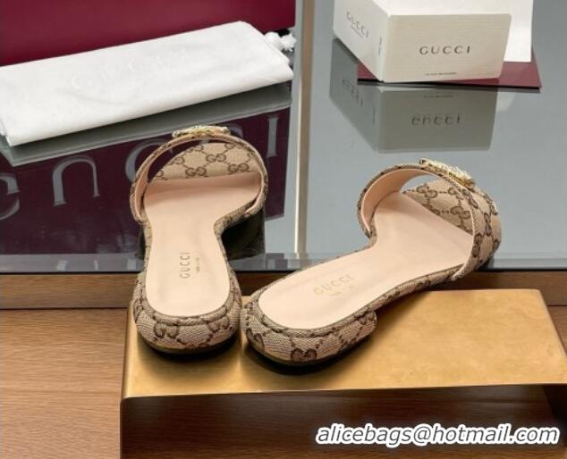 Good Quality Gucci GG Canvas Flat Slides Sandal with Strass Double G Beige 2025 GG042301