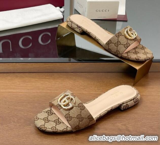 Good Quality Gucci GG Canvas Flat Slides Sandal with Strass Double G Beige 2025 GG042301