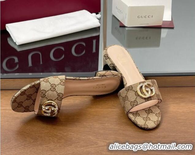 Good Quality Gucci GG Canvas Flat Slides Sandal with Strass Double G Beige 2025 GG042301