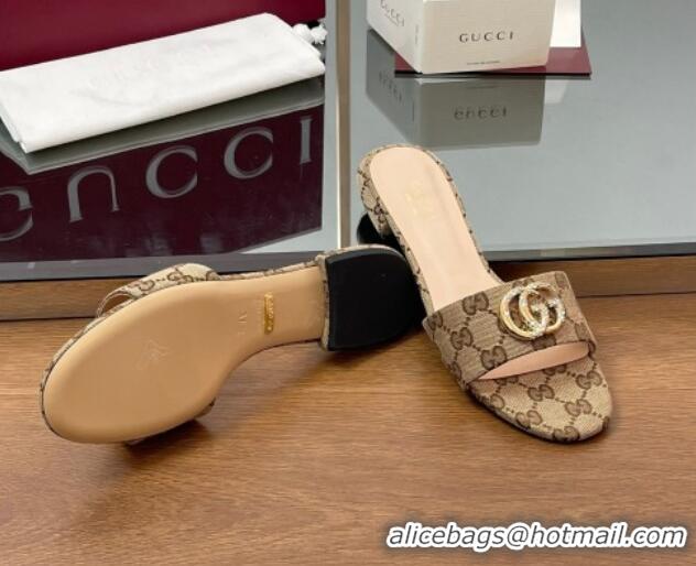 Good Quality Gucci GG Canvas Flat Slides Sandal with Strass Double G Beige 2025 GG042301