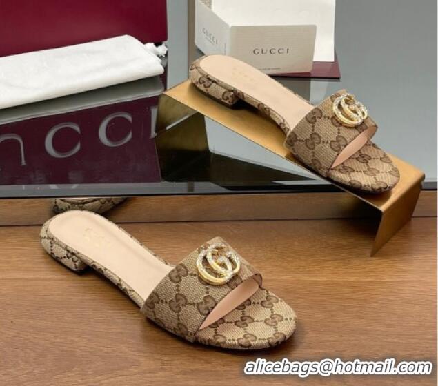 Good Quality Gucci GG Canvas Flat Slides Sandal with Strass Double G Beige 2025 GG042301