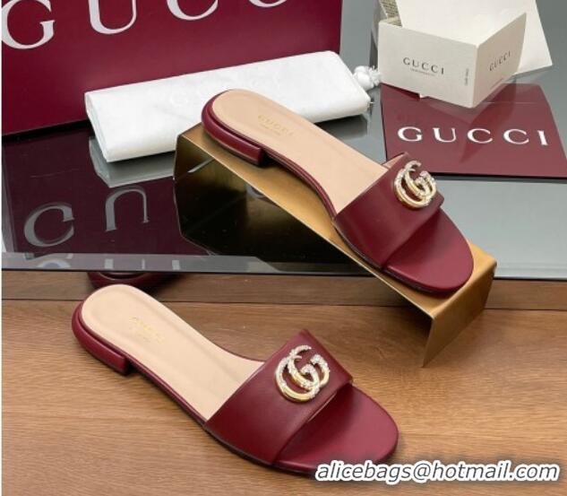 Most Popular Gucci Leather Flat Slides Sandal with Strass Double G Burgundy 2025 GG042301