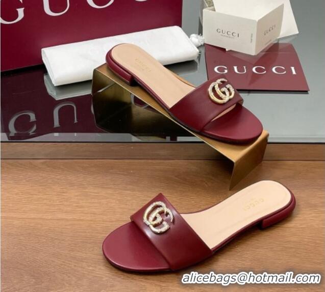 Most Popular Gucci Leather Flat Slides Sandal with Strass Double G Burgundy 2025 GG042301
