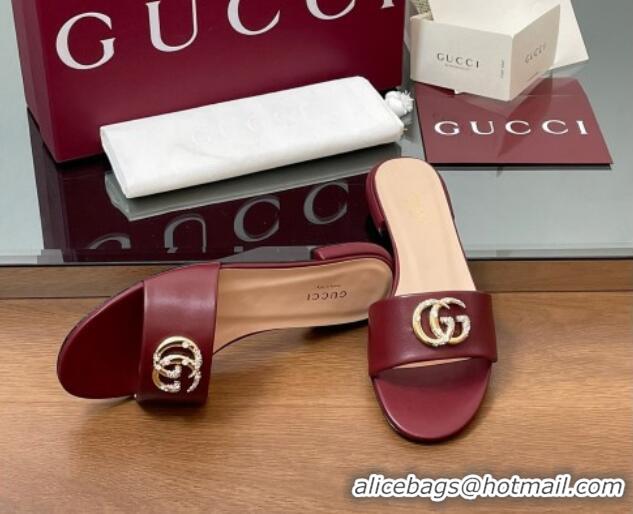 Most Popular Gucci Leather Flat Slides Sandal with Strass Double G Burgundy 2025 GG042301