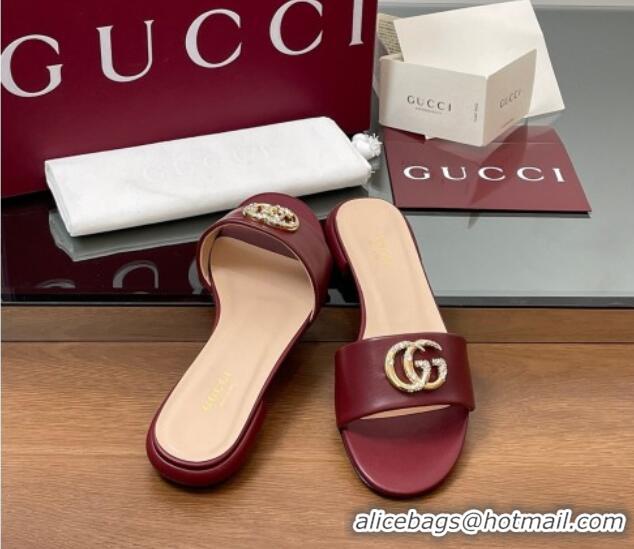 Most Popular Gucci Leather Flat Slides Sandal with Strass Double G Burgundy 2025 GG042301