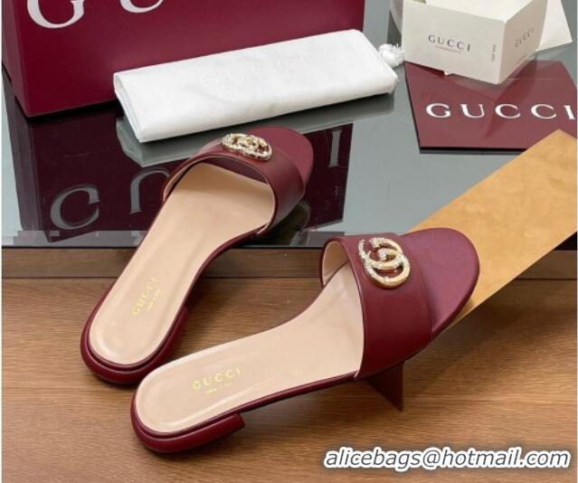 Most Popular Gucci Leather Flat Slides Sandal with Strass Double G Burgundy 2025 GG042301