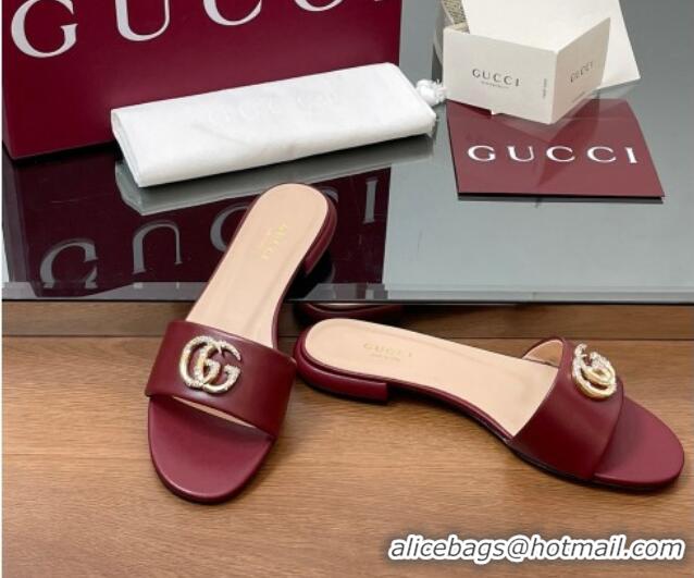 Most Popular Gucci Leather Flat Slides Sandal with Strass Double G Burgundy 2025 GG042301