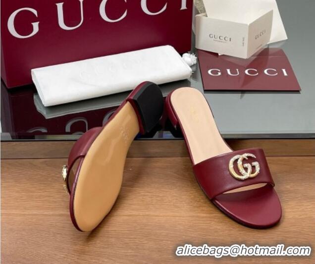 Most Popular Gucci Leather Flat Slides Sandal with Strass Double G Burgundy 2025 GG042301
