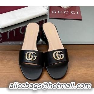 Pretty Style Gucci Leather Flat Slides Sandal with Strass Double G Black 2025 GG042301