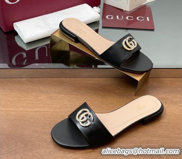 Pretty Style Gucci Leather Flat Slides Sandal with Strass Double G Black 2025 GG042301