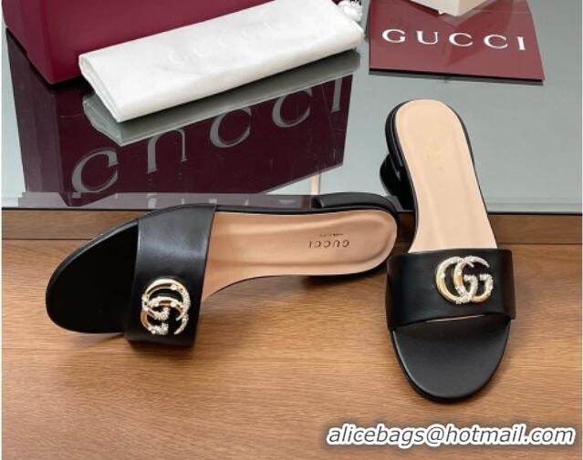 Pretty Style Gucci Leather Flat Slides Sandal with Strass Double G Black 2025 GG042301