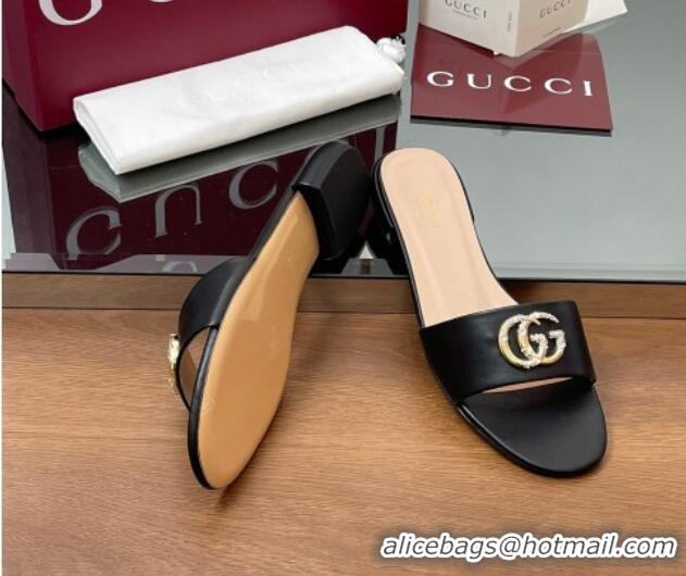 Pretty Style Gucci Leather Flat Slides Sandal with Strass Double G Black 2025 GG042301