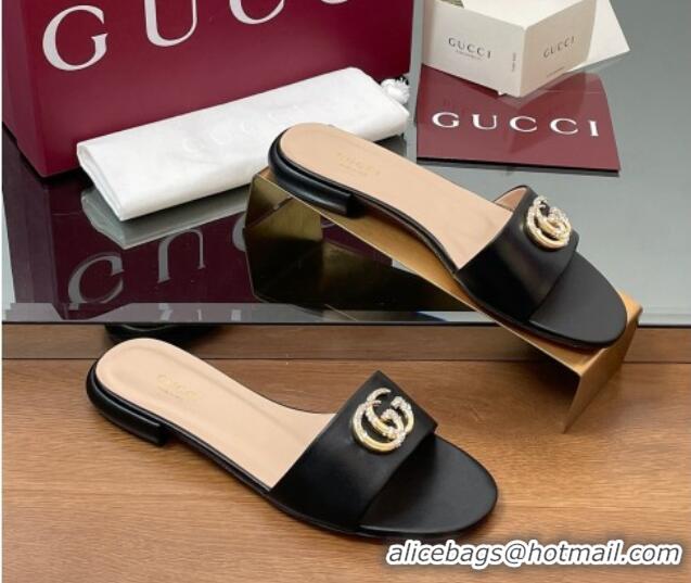 Pretty Style Gucci Leather Flat Slides Sandal with Strass Double G Black 2025 GG042301