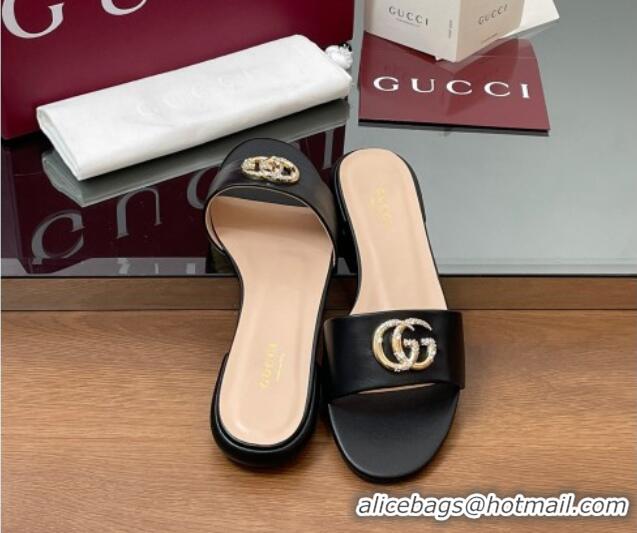 Pretty Style Gucci Leather Flat Slides Sandal with Strass Double G Black 2025 GG042301