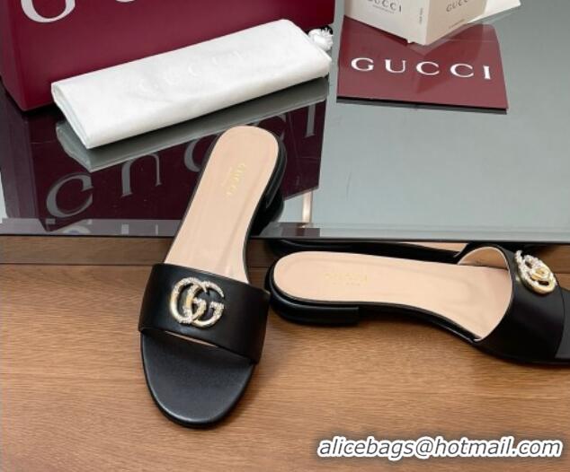 Pretty Style Gucci Leather Flat Slides Sandal with Strass Double G Black 2025 GG042301