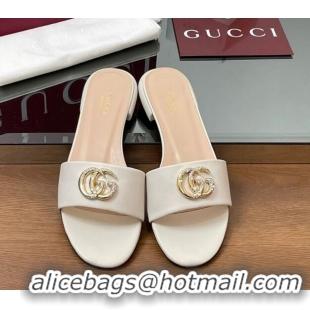 Top Grade Gucci Leather Flat Slides Sandal with Strass Double G White 2025 GG042301