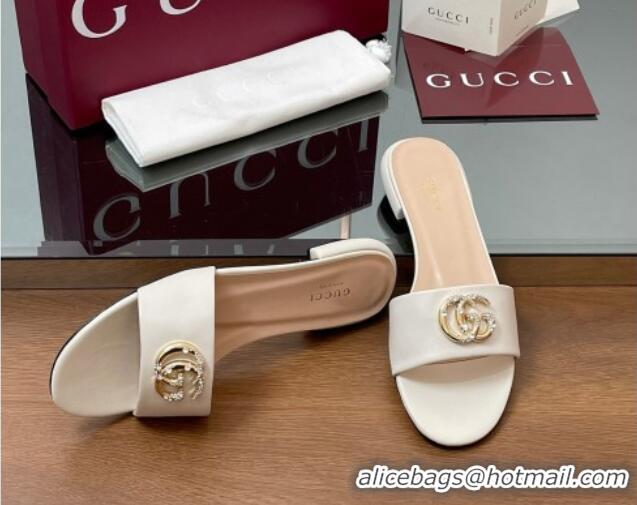 Top Grade Gucci Leather Flat Slides Sandal with Strass Double G White 2025 GG042301