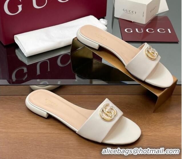 Top Grade Gucci Leather Flat Slides Sandal with Strass Double G White 2025 GG042301
