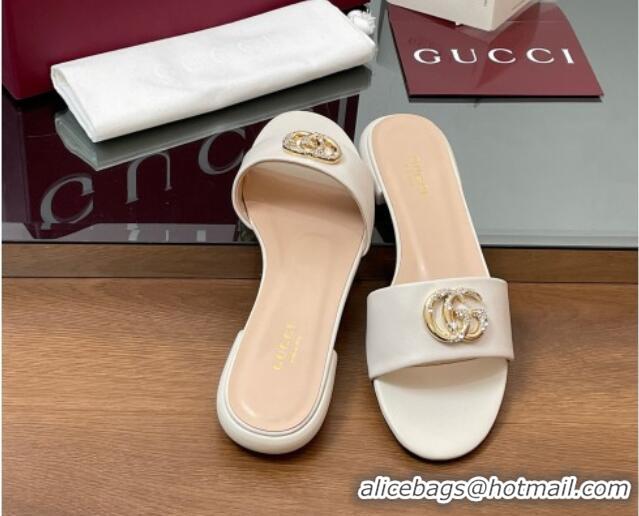 Top Grade Gucci Leather Flat Slides Sandal with Strass Double G White 2025 GG042301