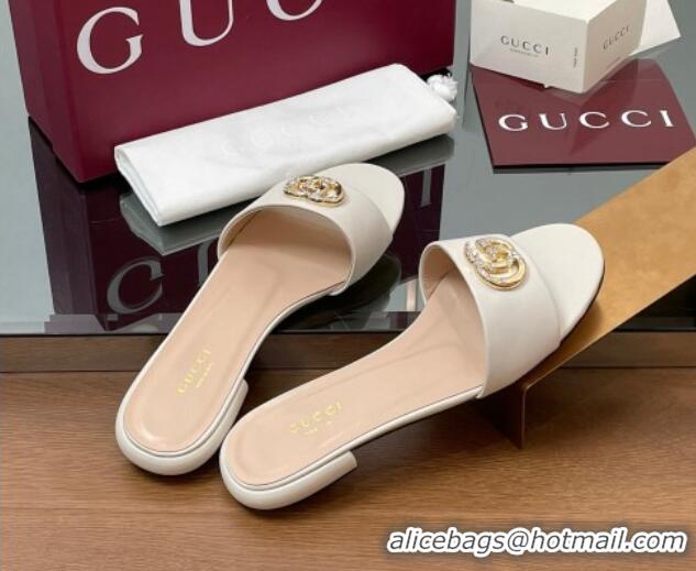 Top Grade Gucci Leather Flat Slides Sandal with Strass Double G White 2025 GG042301