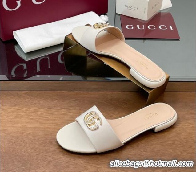 Top Grade Gucci Leather Flat Slides Sandal with Strass Double G White 2025 GG042301