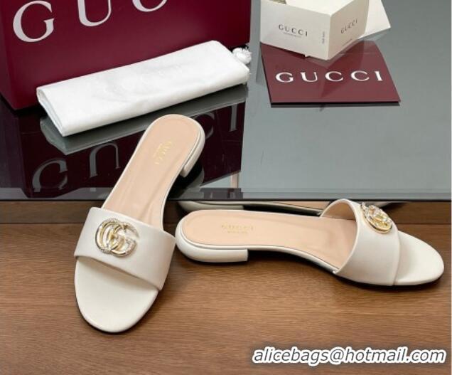 Top Grade Gucci Leather Flat Slides Sandal with Strass Double G White 2025 GG042301