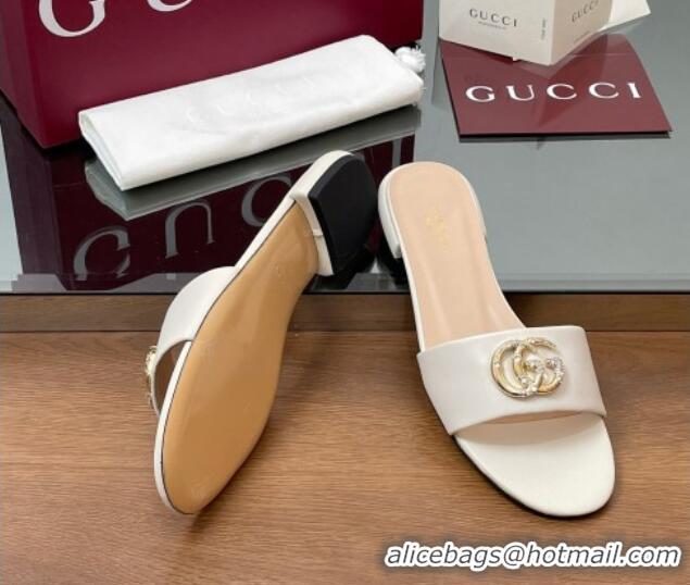 Top Grade Gucci Leather Flat Slides Sandal with Strass Double G White 2025 GG042301