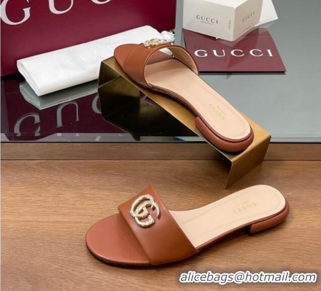 Durable Gucci Leather Flat Slides Sandal with Strass Double G Brown 2025 GG042301