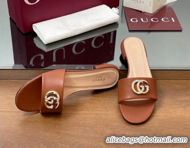 Durable Gucci Leather Flat Slides Sandal with Strass Double G Brown 2025 GG042301