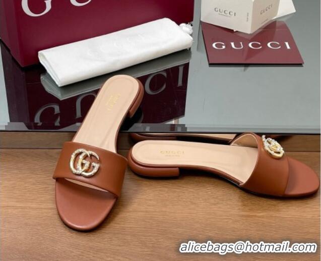 Durable Gucci Leather Flat Slides Sandal with Strass Double G Brown 2025 GG042301