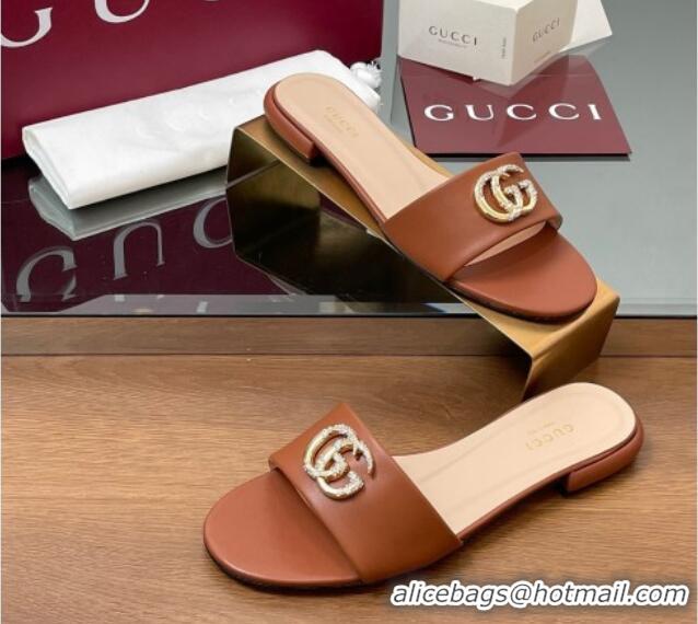 Durable Gucci Leather Flat Slides Sandal with Strass Double G Brown 2025 GG042301