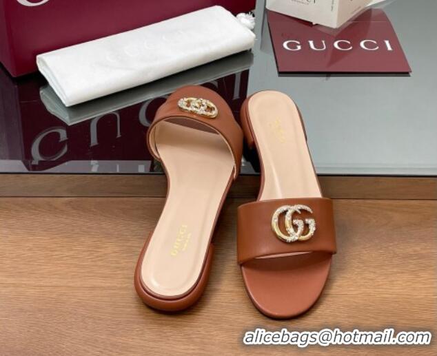 Durable Gucci Leather Flat Slides Sandal with Strass Double G Brown 2025 GG042301