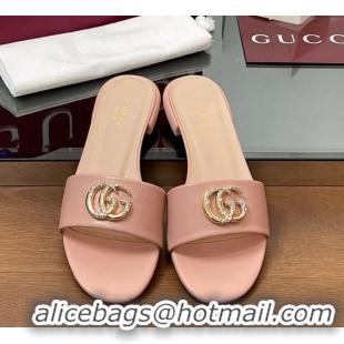 Unique Style Gucci Leather Flat Slides Sandal with Strass Double G Light Pink 2025 GG042301