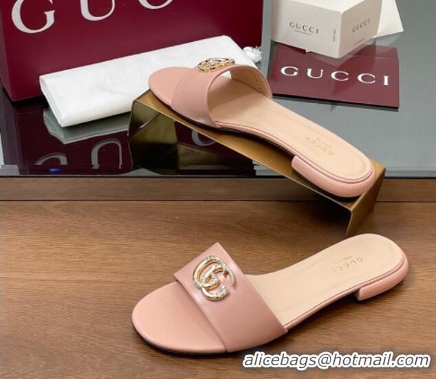 Unique Style Gucci Leather Flat Slides Sandal with Strass Double G Light Pink 2025 GG042301
