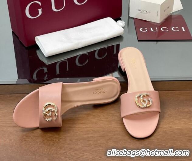 Unique Style Gucci Leather Flat Slides Sandal with Strass Double G Light Pink 2025 GG042301